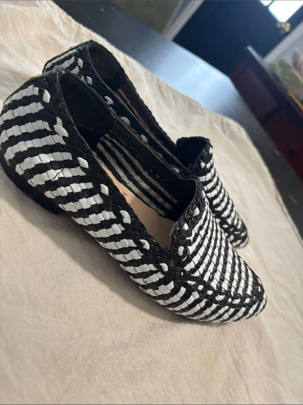 kate spade black & white woven slip-on loafers
